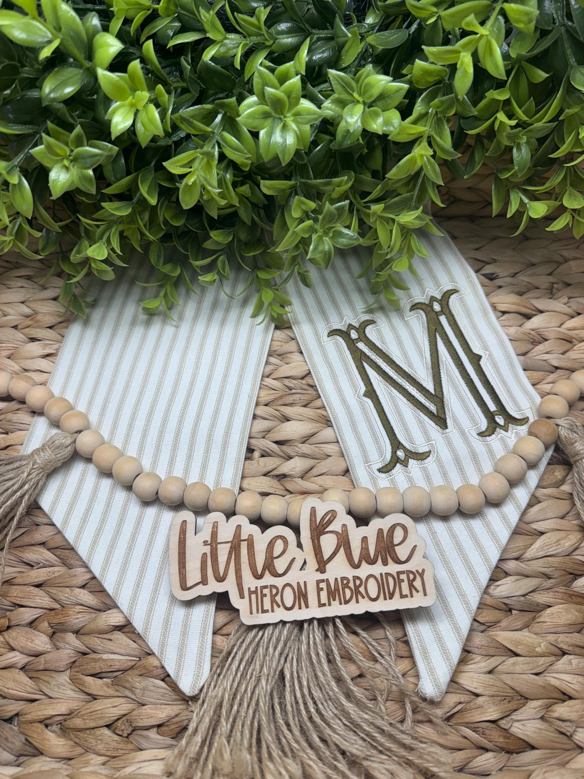 Monogram Wreath Sash, Striped Fabric Embroidered Last Name Initial Door Decor