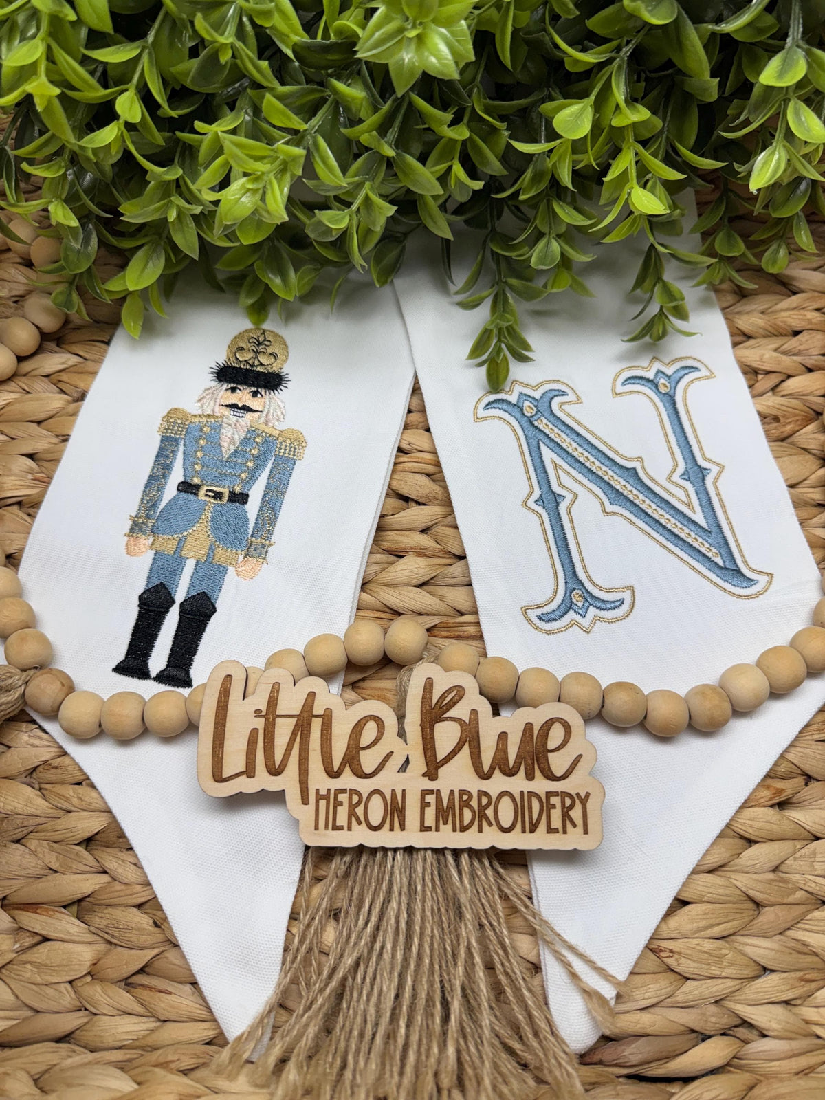 Blue Toile Nutcracker Wreath Sash