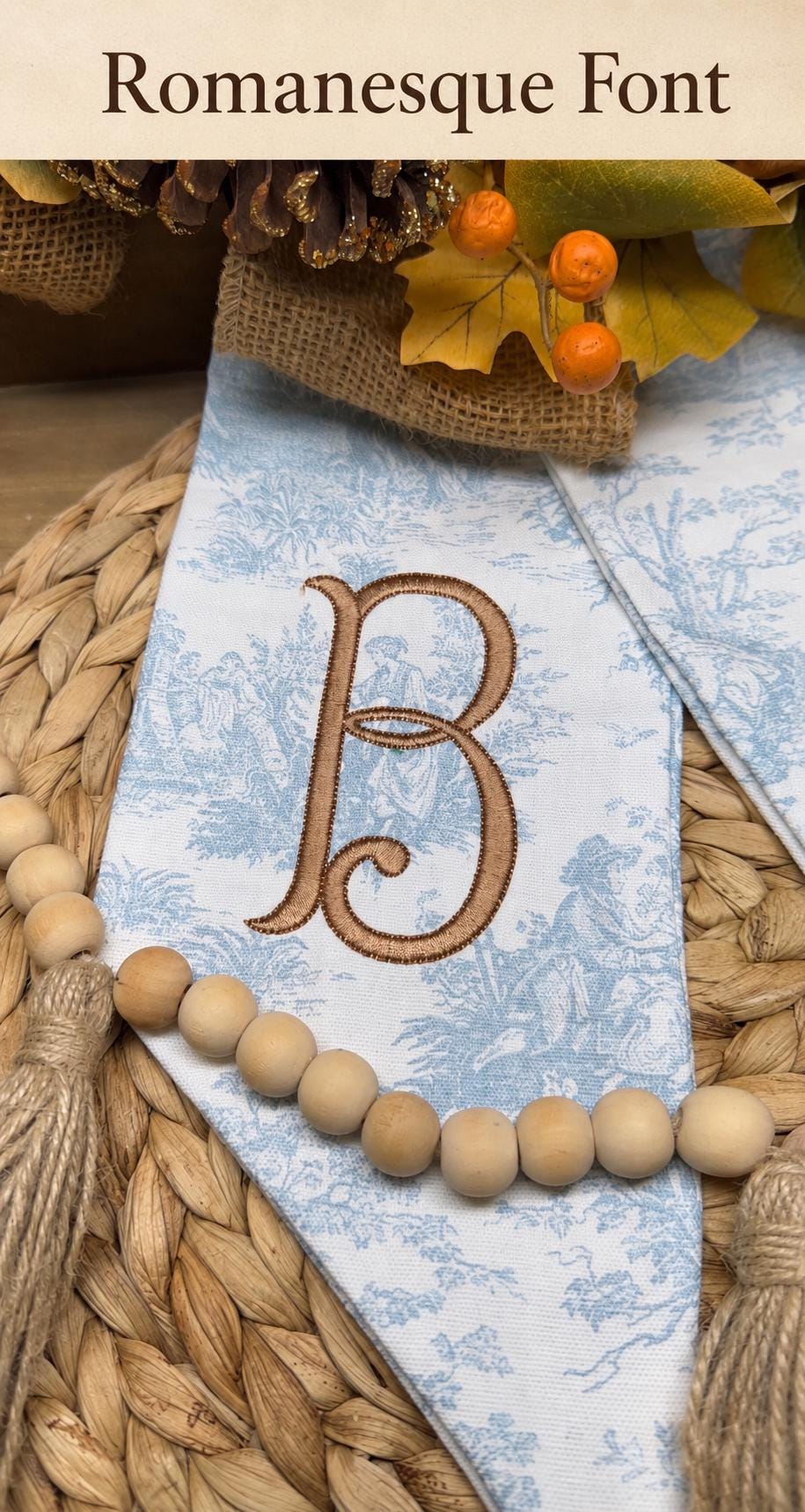 Blue Toile Pumpkin Wreath Sash