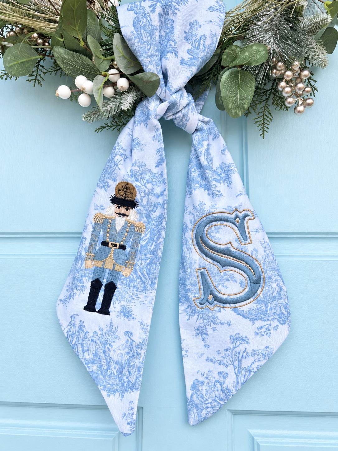 Blue Toile Nutcracker Wreath Sash
