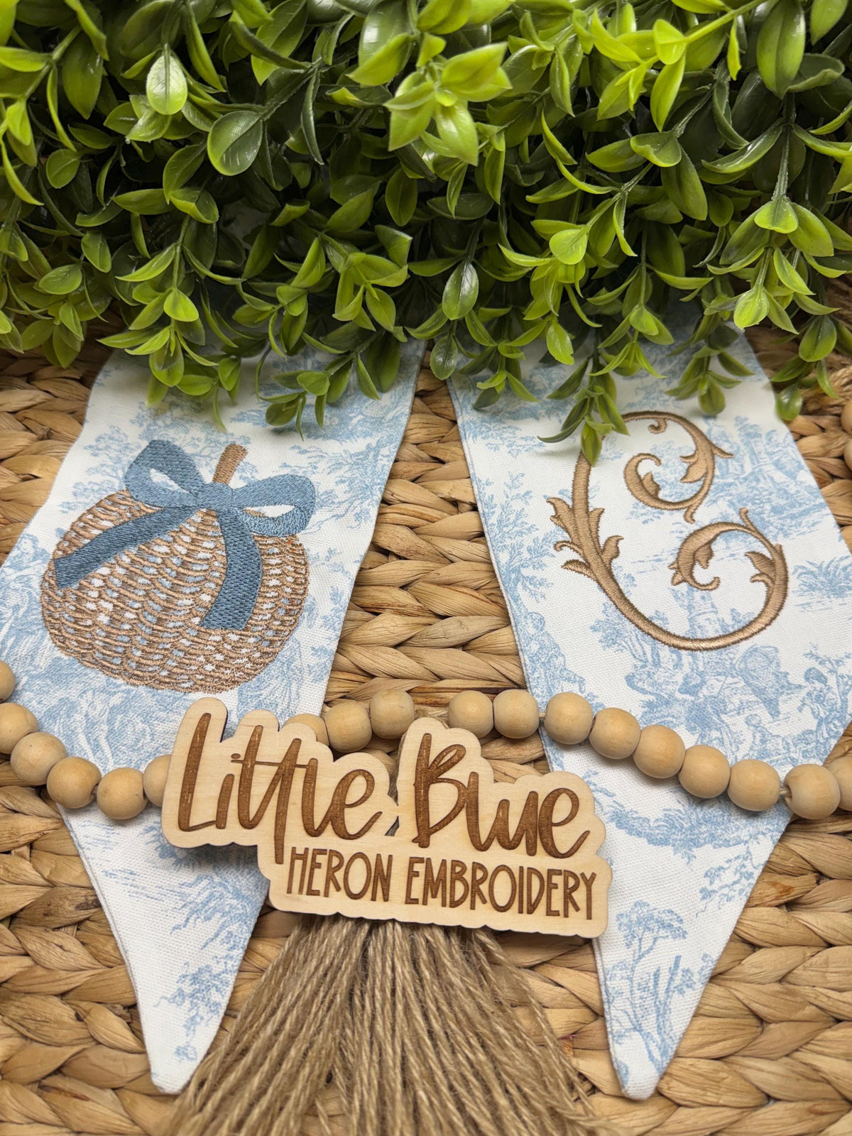 Blue Toile Pumpkin Wreath Sash