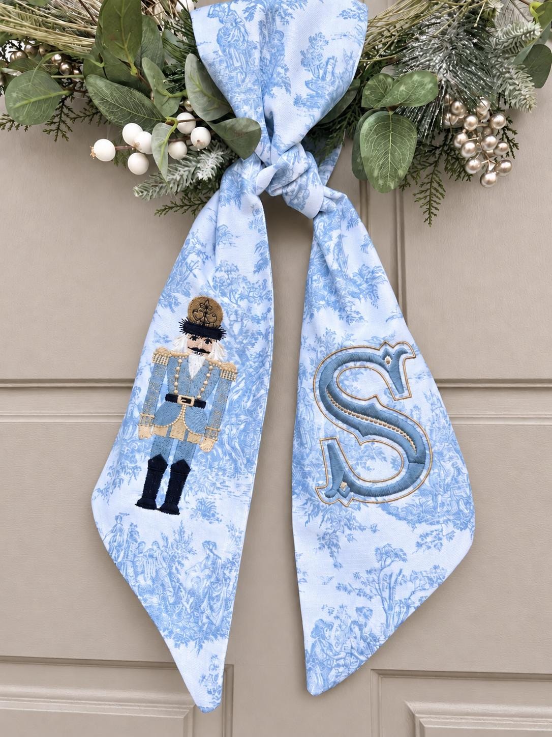 Blue Toile Nutcracker Wreath Sash