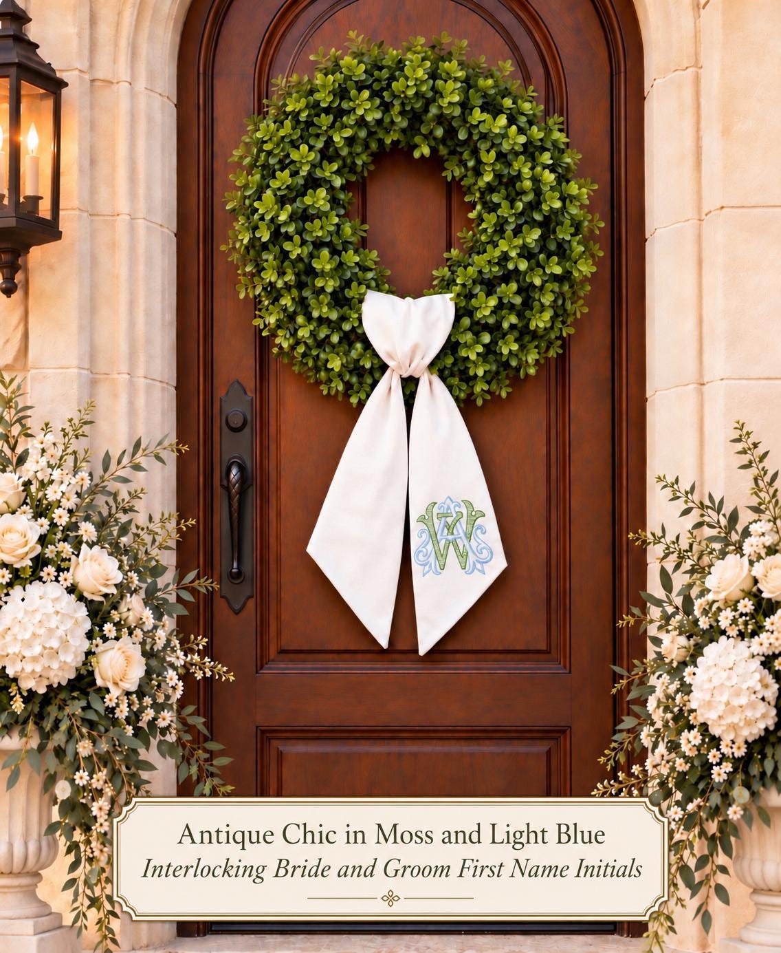 Embroidered Wedding Door Sash, Interlocking Initials, Elegant Church Decor