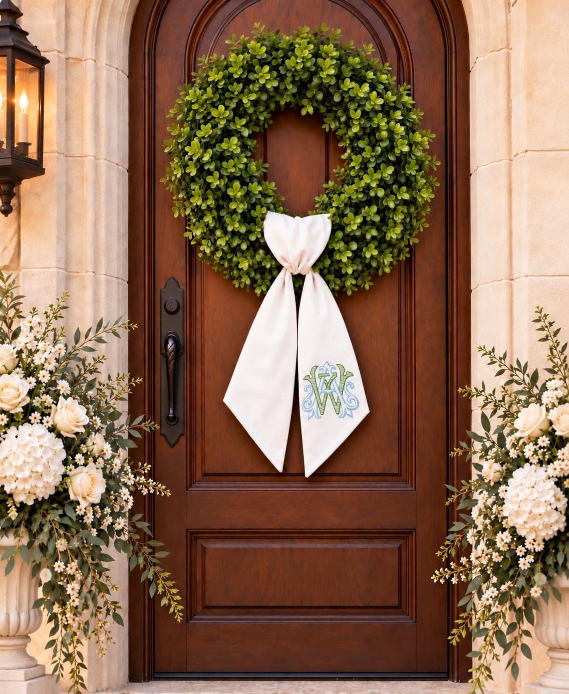 Embroidered Wedding Door Sash, Interlocking Initials, Elegant Church Decor