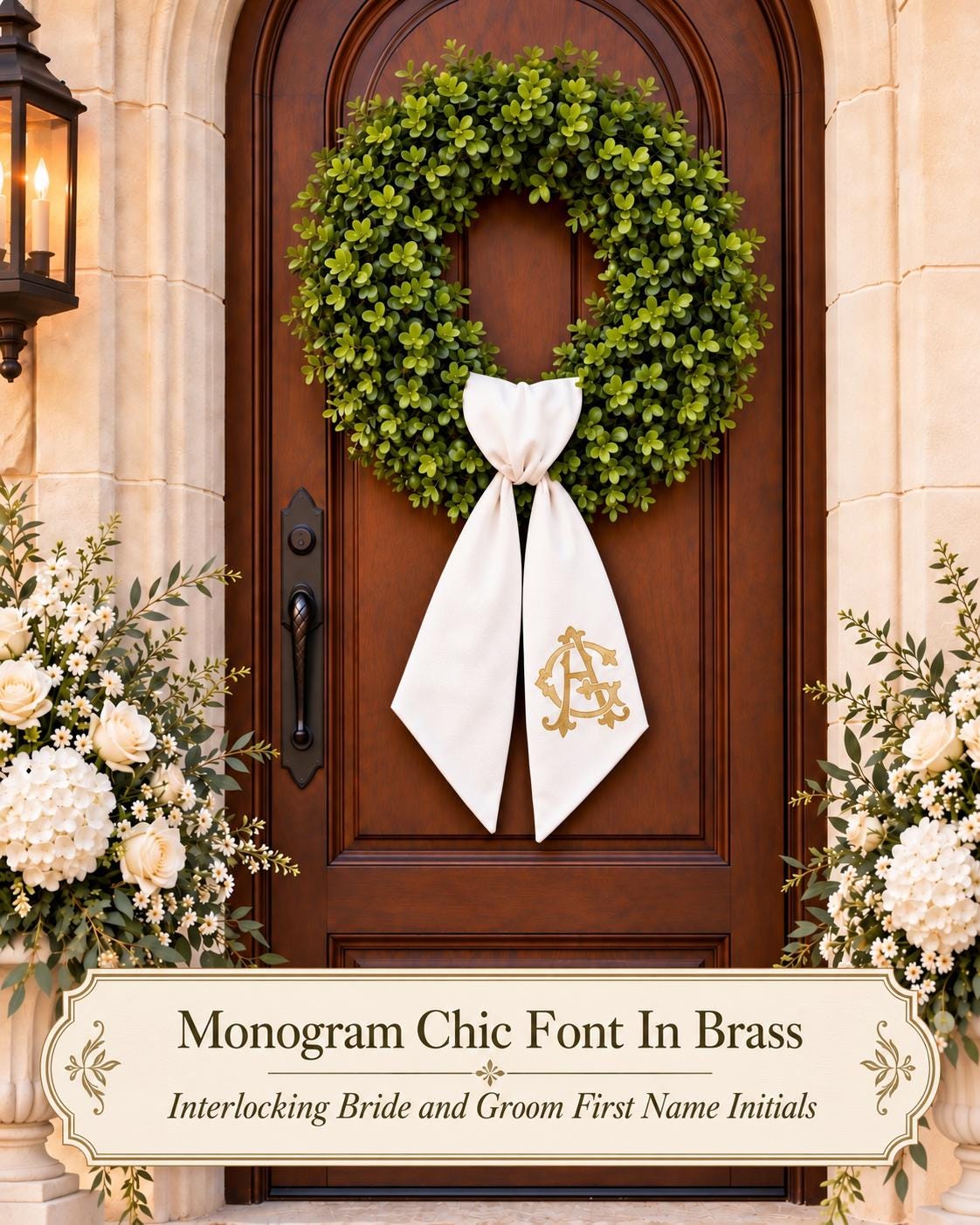 Embroidered Wedding Door Sash, Interlocking Initials, Elegant Church Decor