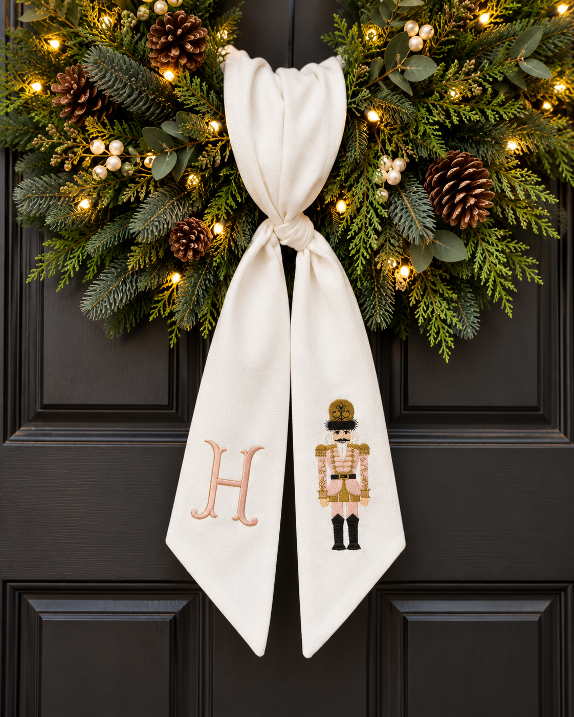 Pink Nutcracker Christmas Embroidered Wreath Sash